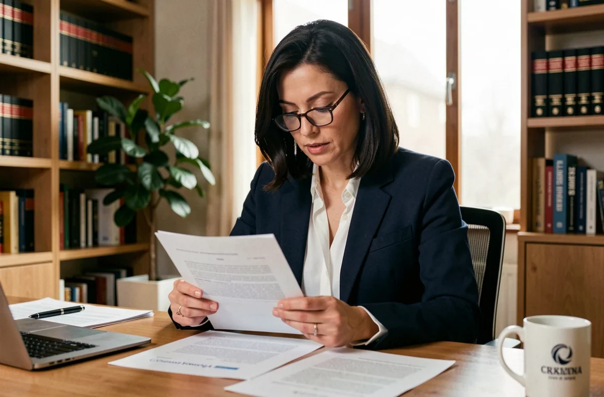 Juriste indépendante en portage salarial travaillant sur un contrat dans son bureau à domicile