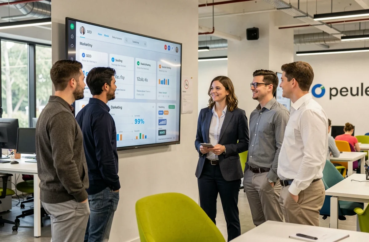 L'équipe de Kelcible, agence SEO et marketing digital, analysant les performances d'une campagne sur grand écran