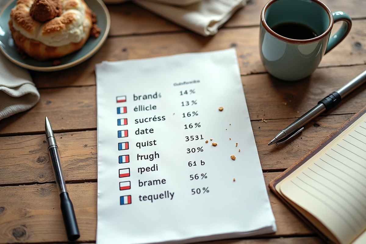Flat-lay d'une liste de marques françaises RezoActif avec notes manuscrites et café sur table en bois