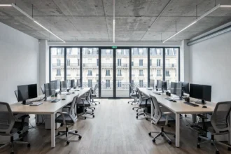 Bureau moderne en open space à Paris avec vue sur immeuble haussmannien, illustrant le coût de location au m2