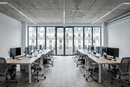 Bureau moderne en open space à Paris avec vue sur immeuble haussmannien, illustrant le coût de location au m2