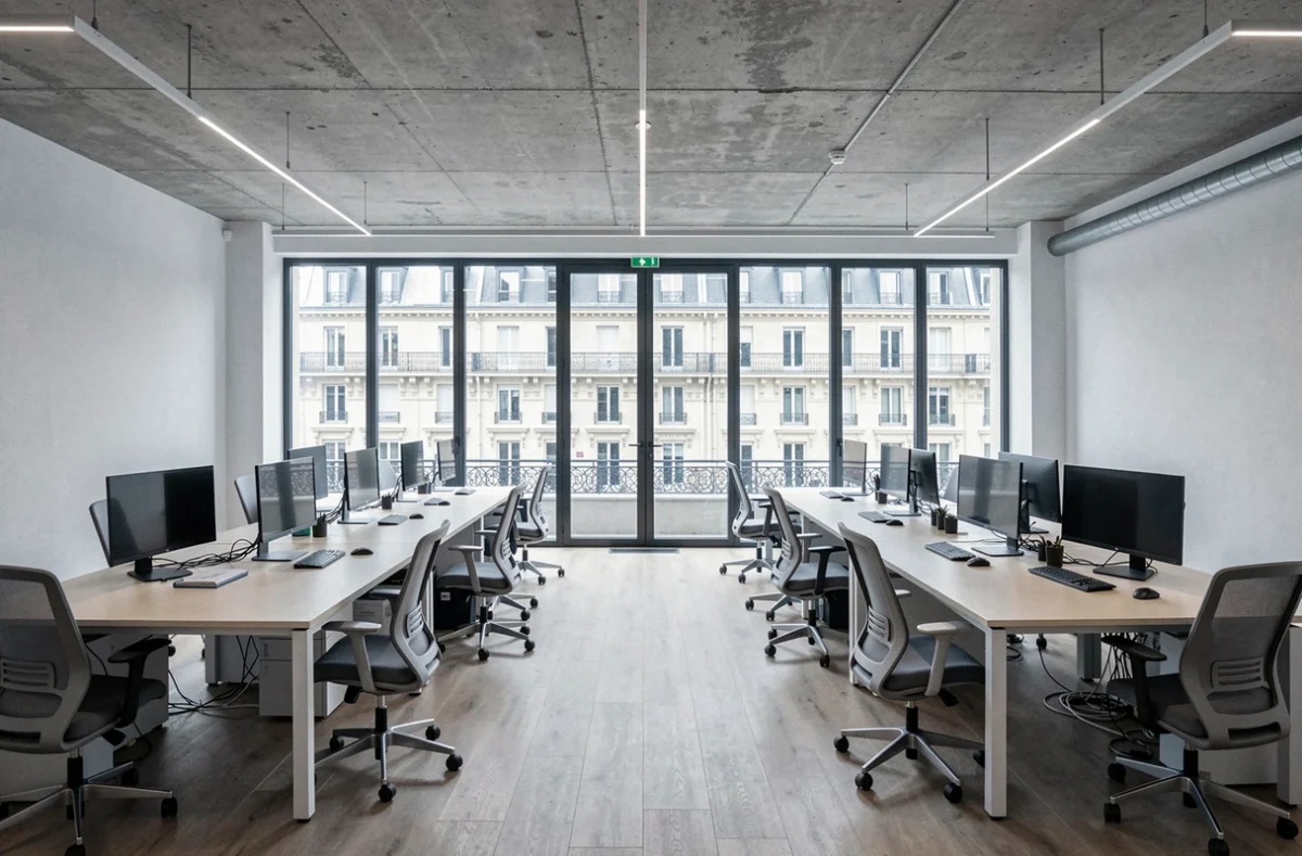 Bureau moderne en open space à Paris avec vue sur immeuble haussmannien, illustrant le coût de location au m2