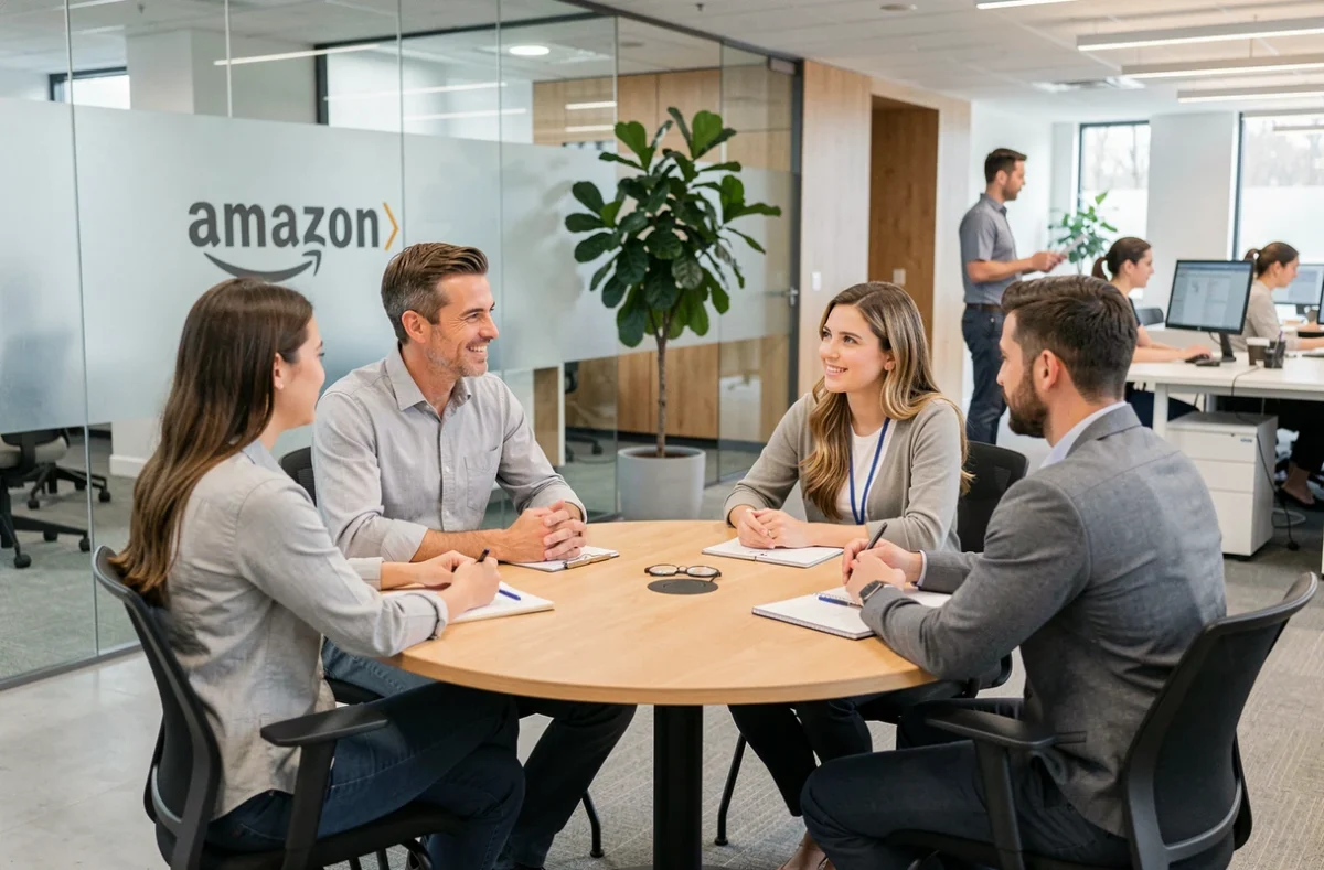 Manager Amazon dirigeant une réunion d'équipe dans un bureau moderne, représentant l'évolution vers un poste de management chez Amazon