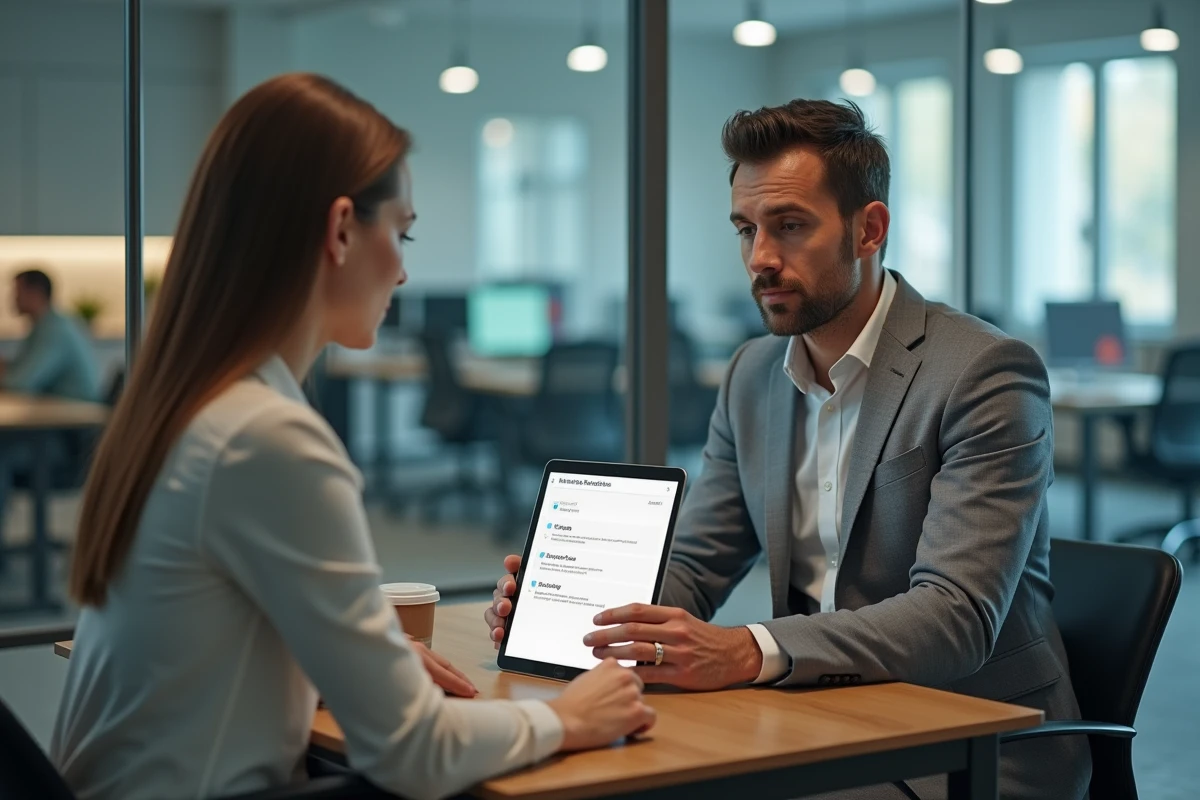 Manager expliquant les avantages salariés du comité d'entreprise à une employée via une tablette numérique