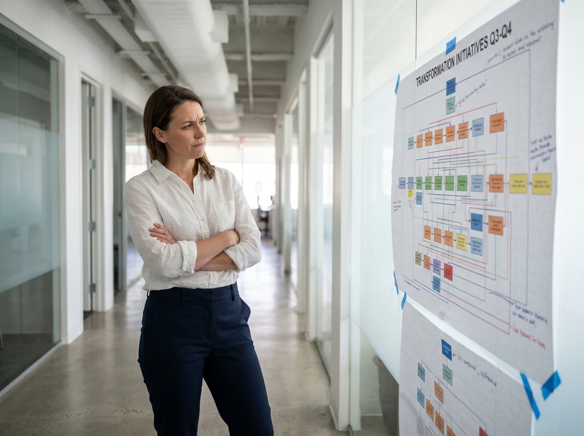 Manager contemplant un organigramme complexe de projets de transformation d'entreprise dans un couloir de bureau