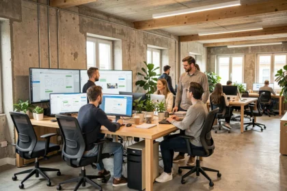 Vue d'ensemble d'une agence de création de sites internet en Loire-Atlantique avec des professionnels travaillant sur des projets web