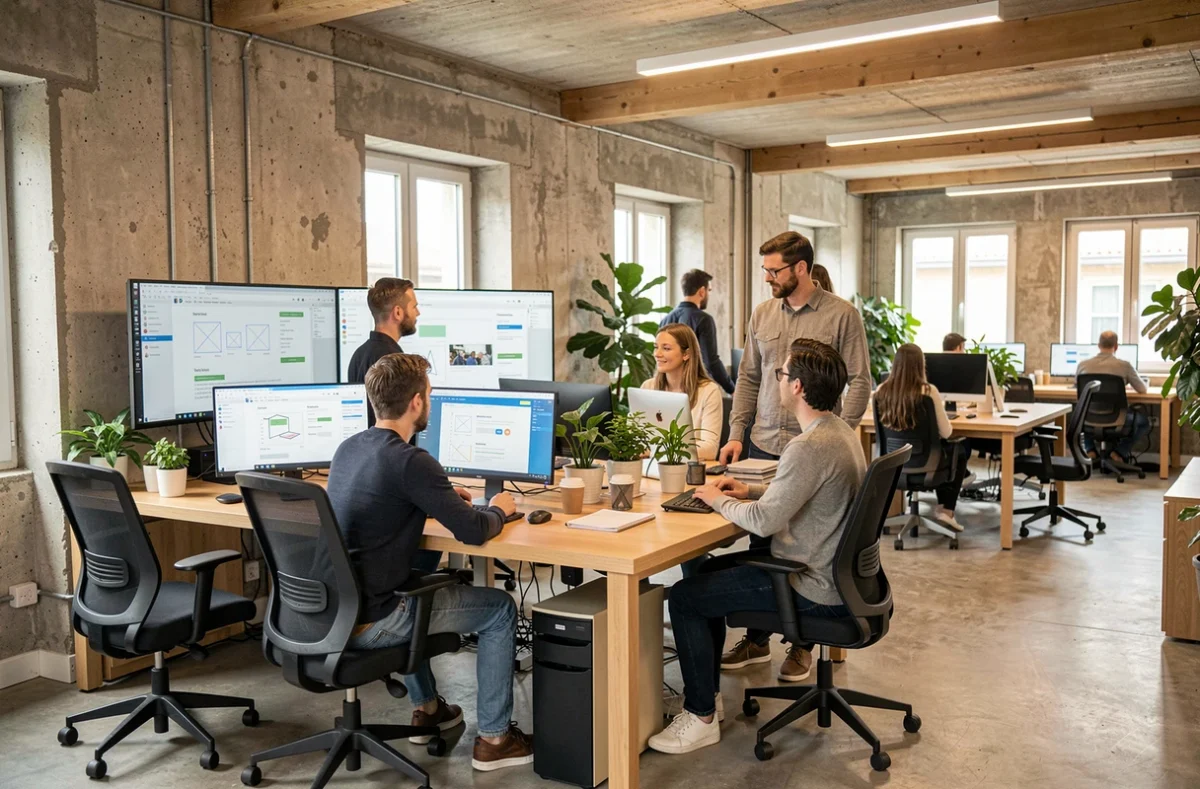 Vue d'ensemble d'une agence de création de sites internet en Loire-Atlantique avec des professionnels travaillant sur des projets web