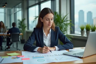 Femme cadre en train de planifier une méthode concrète pour doubler ses résultats professionnels dans un bureau moderne