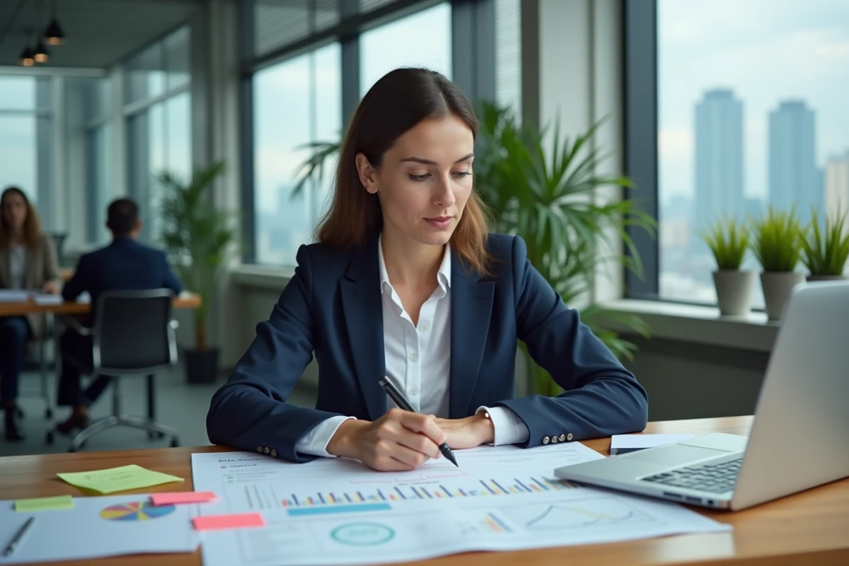 Femme cadre en train de planifier une méthode concrète pour doubler ses résultats professionnels dans un bureau moderne