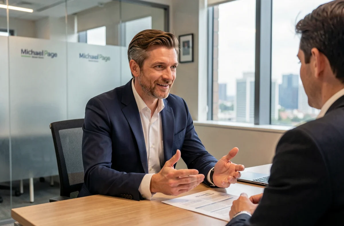 Consultant en recrutement Michael Page Orléans en entretien professionnel avec un candidat dans un bureau moderne