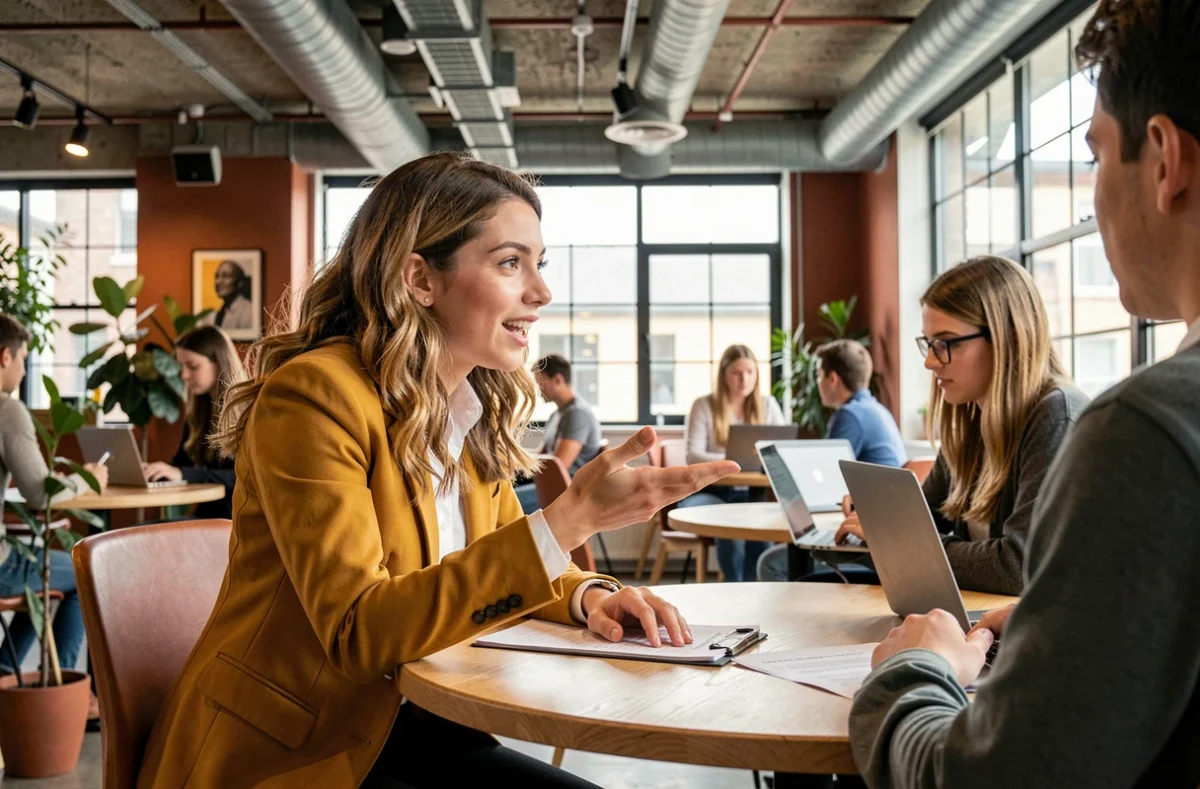 Consultante NextGen RH coachant un jeune candidat dans un espace de co-working moderne et dynamique