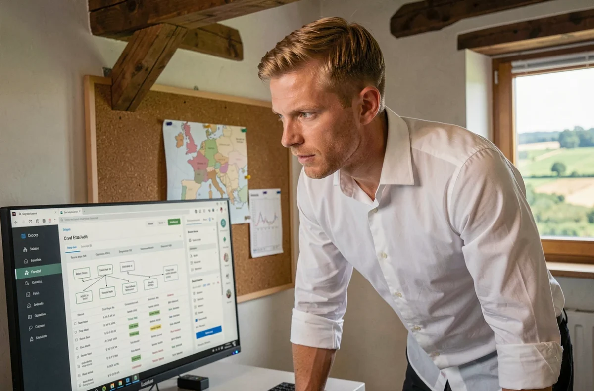 Nils Talibart, expert en SEO technique, analysant un audit de site avec une carte de référencement local