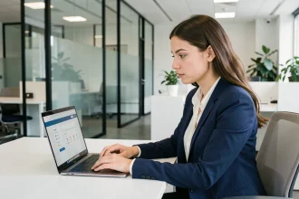 Nouvelle employée BNP Paribas découvrant le portail intranet alis sur son ordinateur portable dans un open space moderne