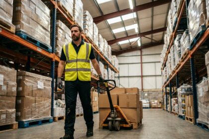 Ouvrier logistique manœuvrant un transpalette dans une allée d'entrepôt avec des étagères métalliques hautes densément stockées