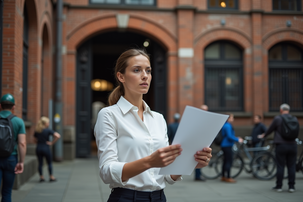 Jeune femme syndicaliste distribuant un tract devant une usine urbaine