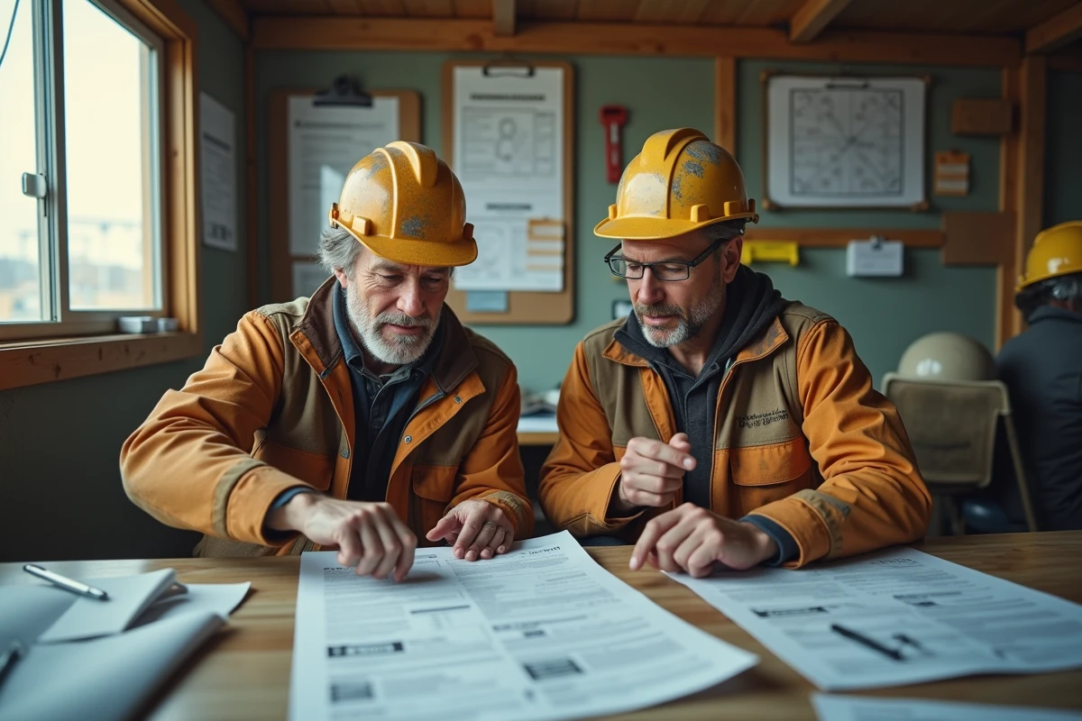 Deux ouvriers BTP consultant un document Loxam dans un bureau de chantier mobile