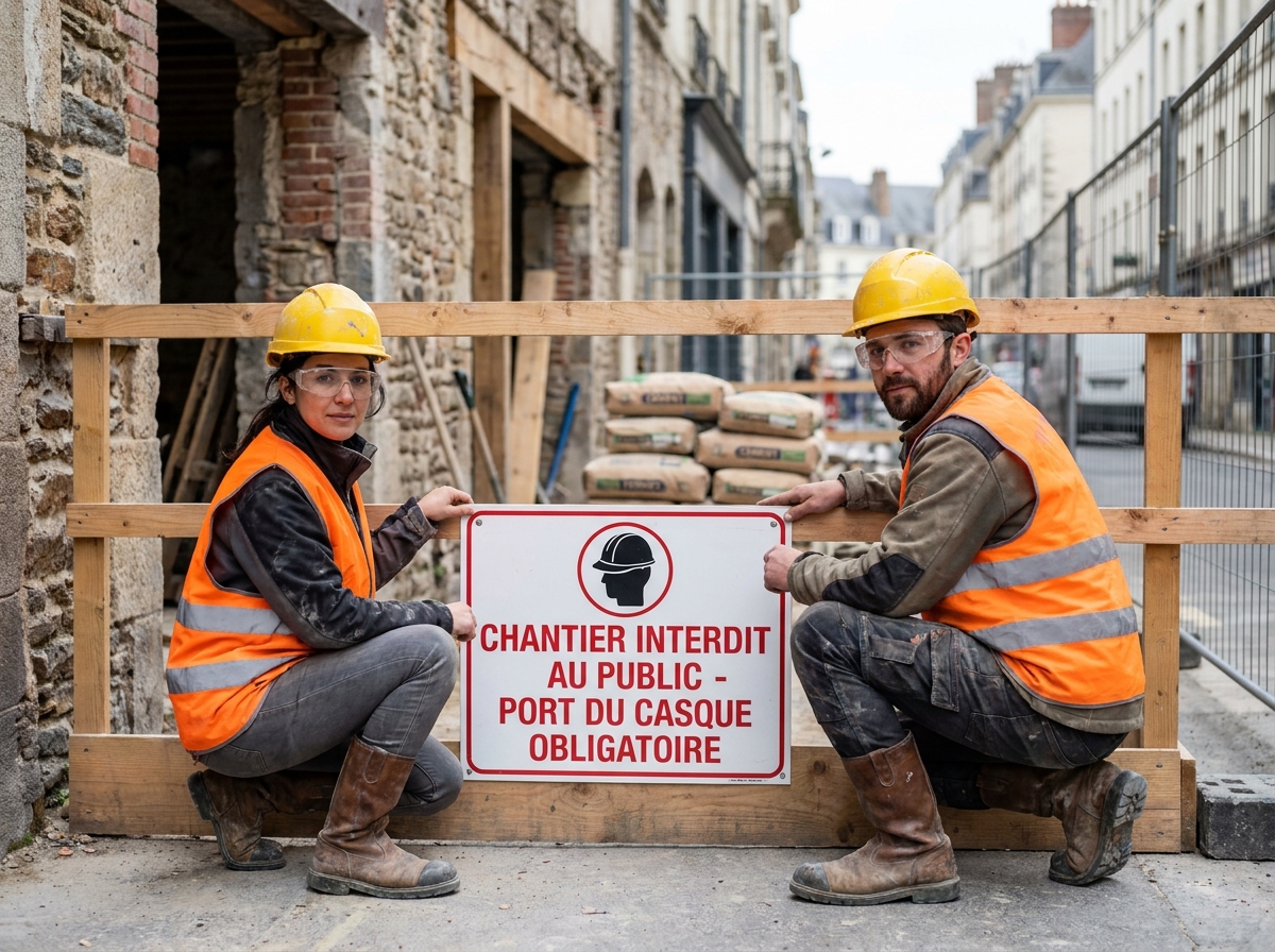 Deux ouvriers installant un panneau de signalisation de sécurité à l'entrée d'un chantier de rénovation à Nantes