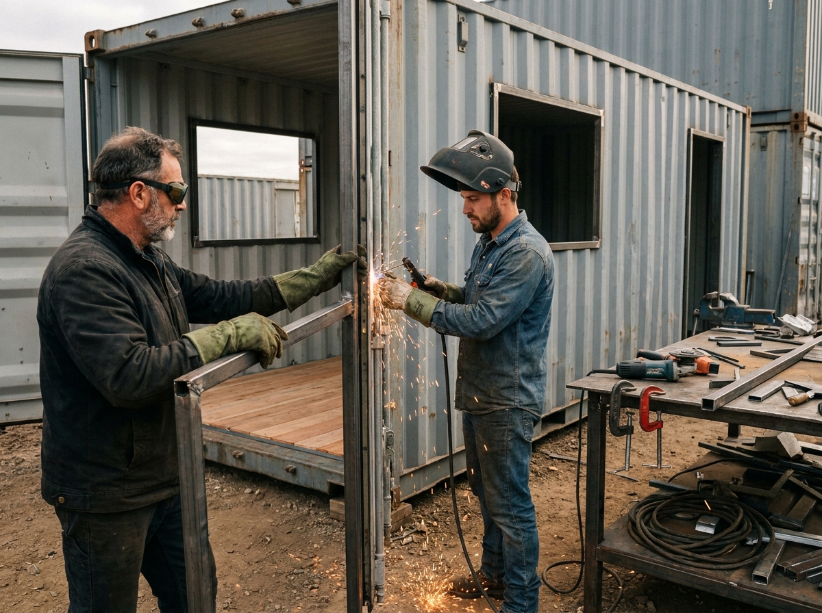 Deux ouvriers spécialisés soudant un cadre de porte métallique sur un container maritime en cours de transformation dans un atelier extérieur