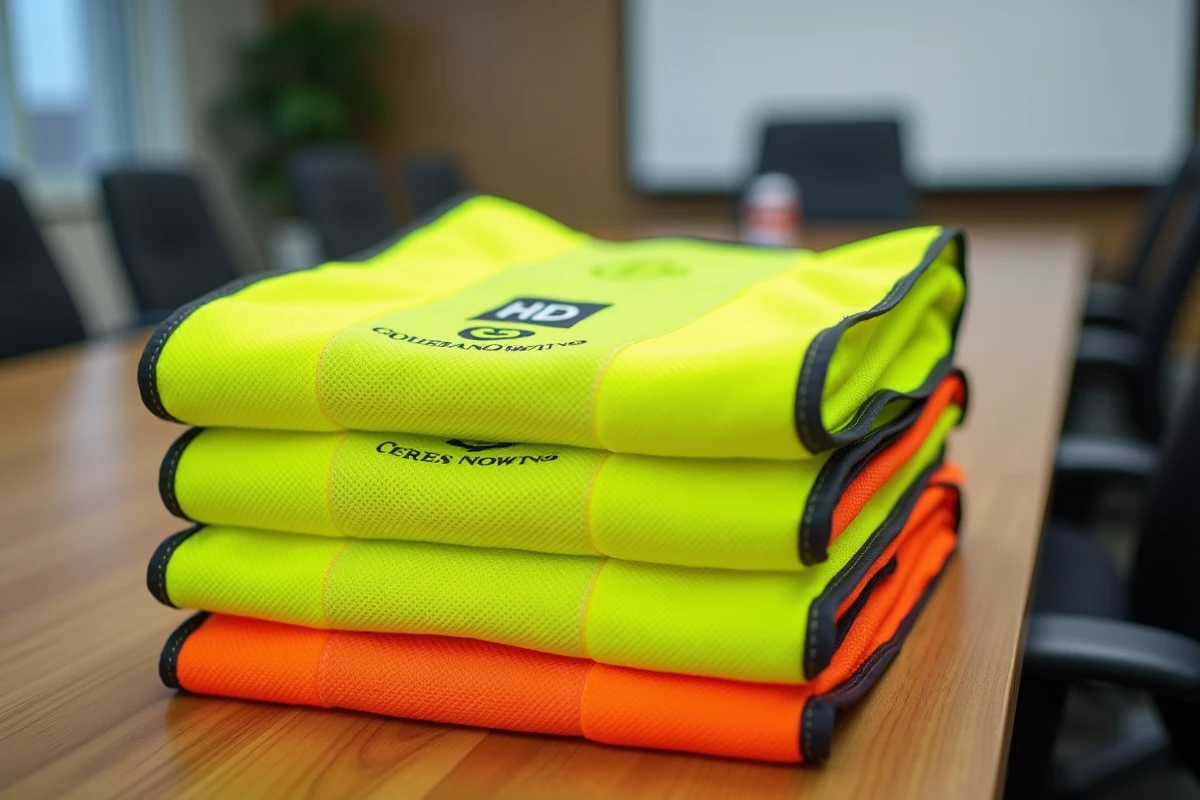 Pile de gilets fluo personnalisés avec logo d'entreprise et prénom salarié sur une table en bois