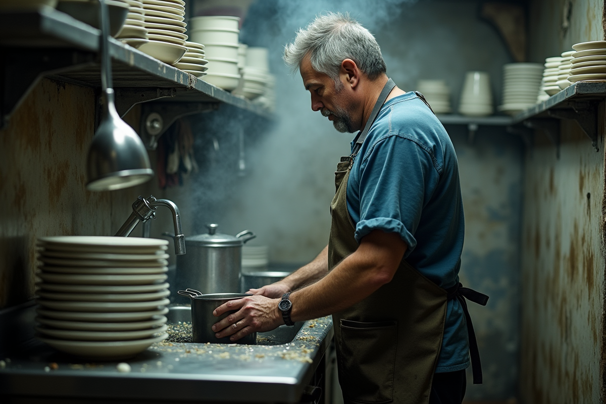 Homme en train de laver la vaisselle dans une station sale