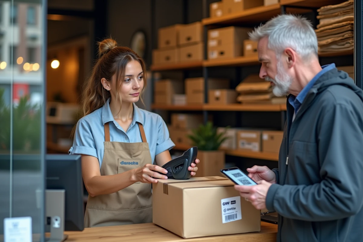 Remise de colis dans un point relais combiné avec une boutique informatique à Lyon, employée scannant un colis pour un client