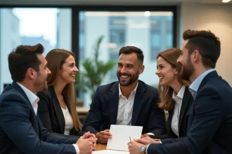 Collègues de bureau réunis pour un pot de départ avec carte d'adieu et sourires sincères