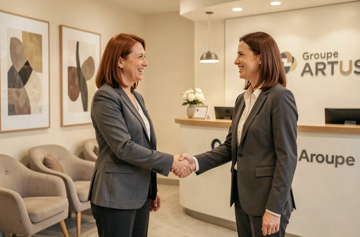 Consultante Premi Homme Groupe ARTUS accueillant chaleureusement un candidat dans la réception d'un cabinet de recrutement professionnel