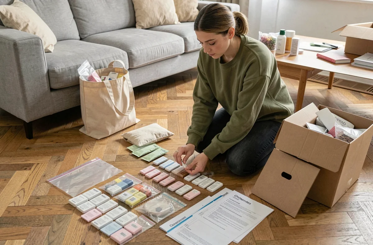 Jeune femme préparant des colis d'échantillons cosmétiques sur le sol de son salon pour un job à domicile