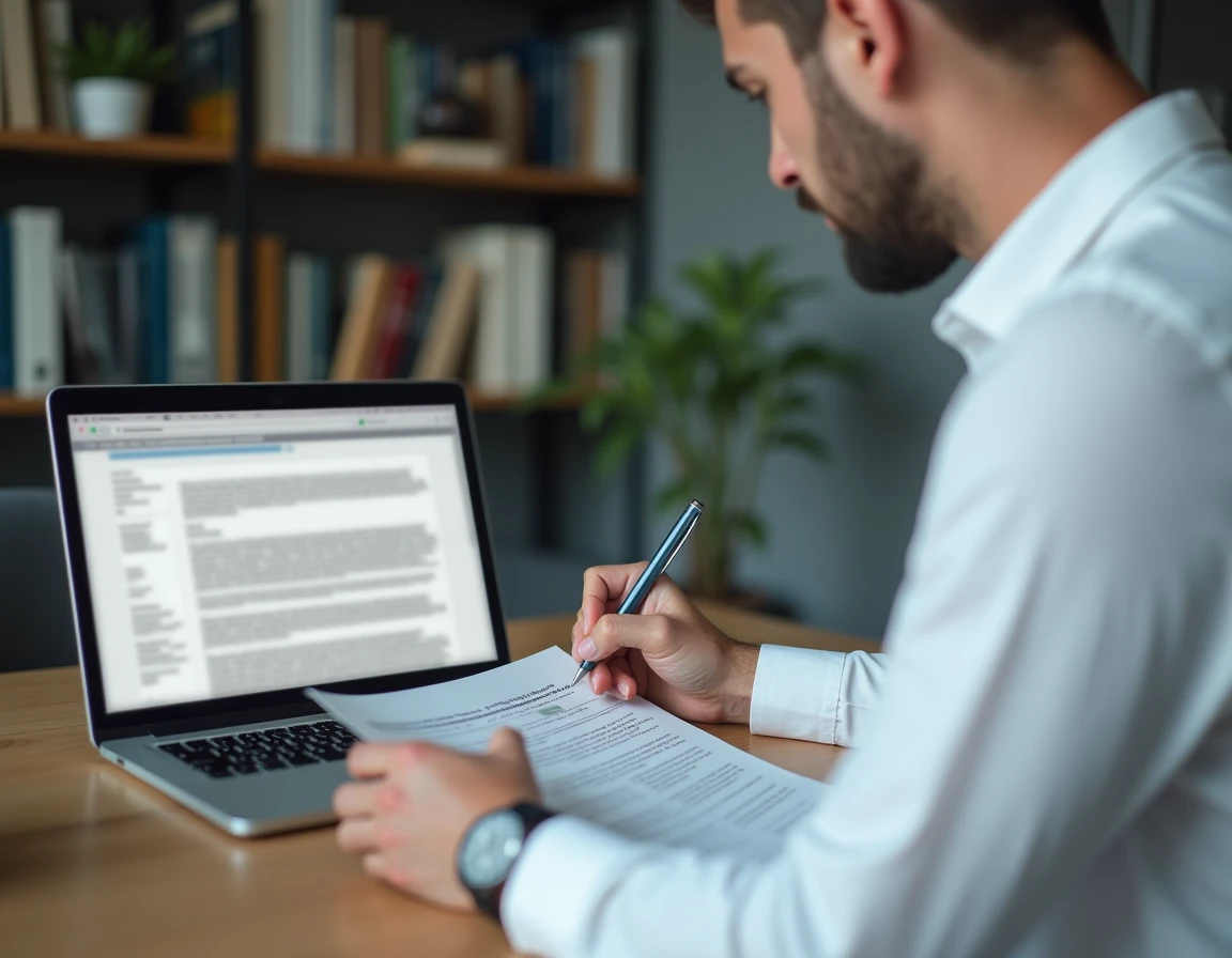 Salarié préparant sa demande de rupture conventionnelle en annotant un formulaire officiel dans un bureau à domicile
