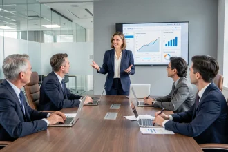 Dirigeante présentant un argumentaire d'investissement logiciel à une équipe de direction en salle de réunion moderne