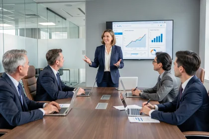 Dirigeante présentant un argumentaire d'investissement logiciel à une équipe de direction en salle de réunion moderne