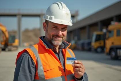 Professionnel du BTP tenant une carte de fidélité Loxam devant un dépôt de matériel de chantier