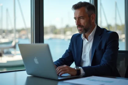Professionnel du secteur nautique consultant la plateforme B2B BoatIndustry sur son ordinateur portable dans un bureau moderne avec vue sur marina