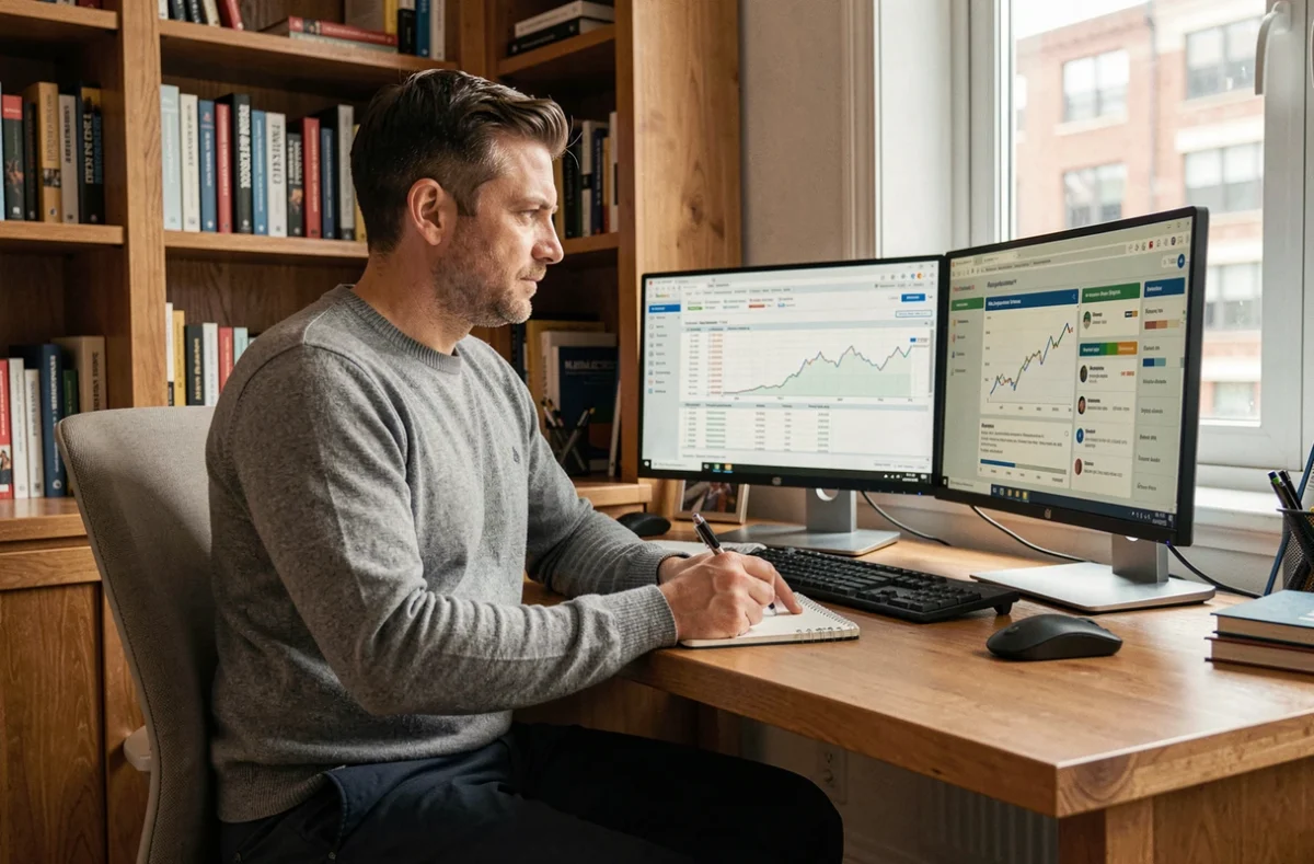 Professionnel en portage salarial optimisant ses revenus depuis son bureau à domicile avec tableau de bord financier