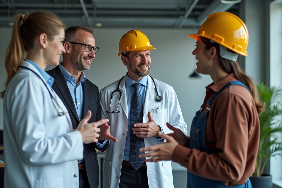 Quatre professionnels discutent dans un bureau moderne