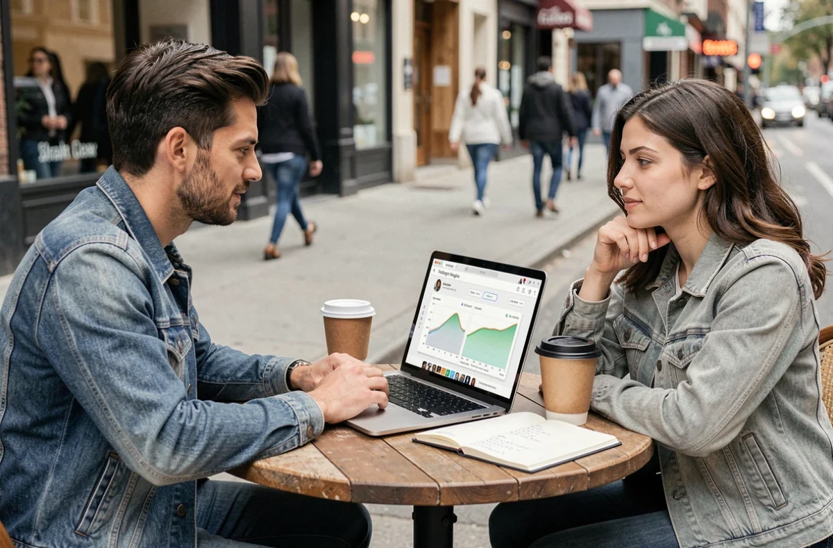 Deux professionnels du marketing comparant les meilleures heures de publication Instagram selon les niches devant un ordinateur portable en terrasse de café