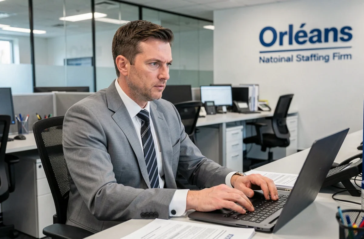 Spécialiste en recrutement de Randstad Professional Orléans conduisant un entretien téléphonique dans un open-space de bureau professionnel