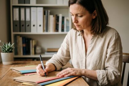 Femme rangeant ses papiers administratifs dans des chemises cartonnées colorées sur un bureau en bois à la maison