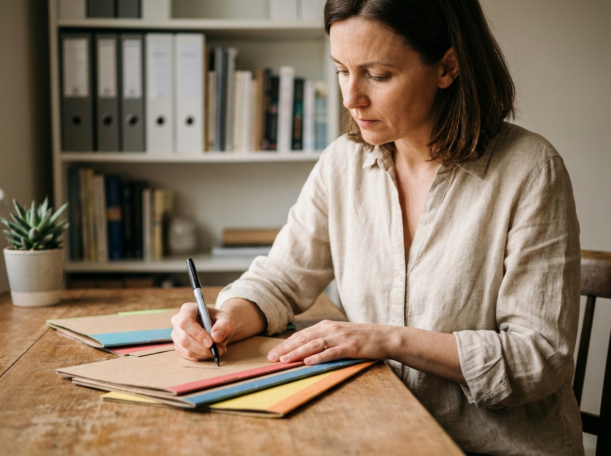 Femme rangeant ses papiers administratifs dans des chemises cartonnées colorées sur un bureau en bois à la maison