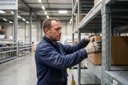 Employé d'entrepôt organisant des cartons sur un rayonnage industriel professionnel dans un entrepôt près de Bordeaux