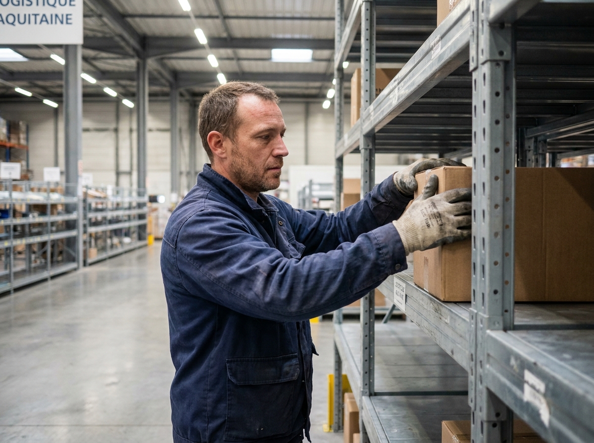 Employé d'entrepôt organisant des cartons sur un rayonnage industriel professionnel dans un entrepôt près de Bordeaux