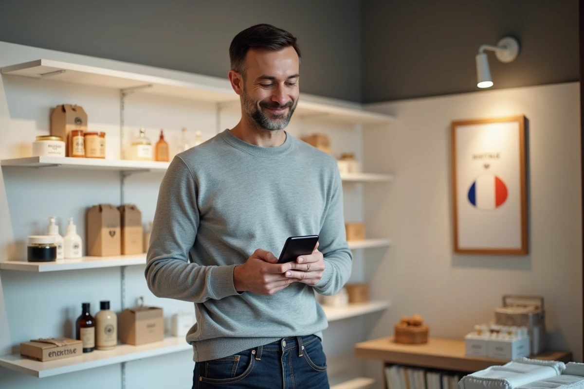 Homme recherchant des marques françaises authentiques sur smartphone dans une boutique parisienne