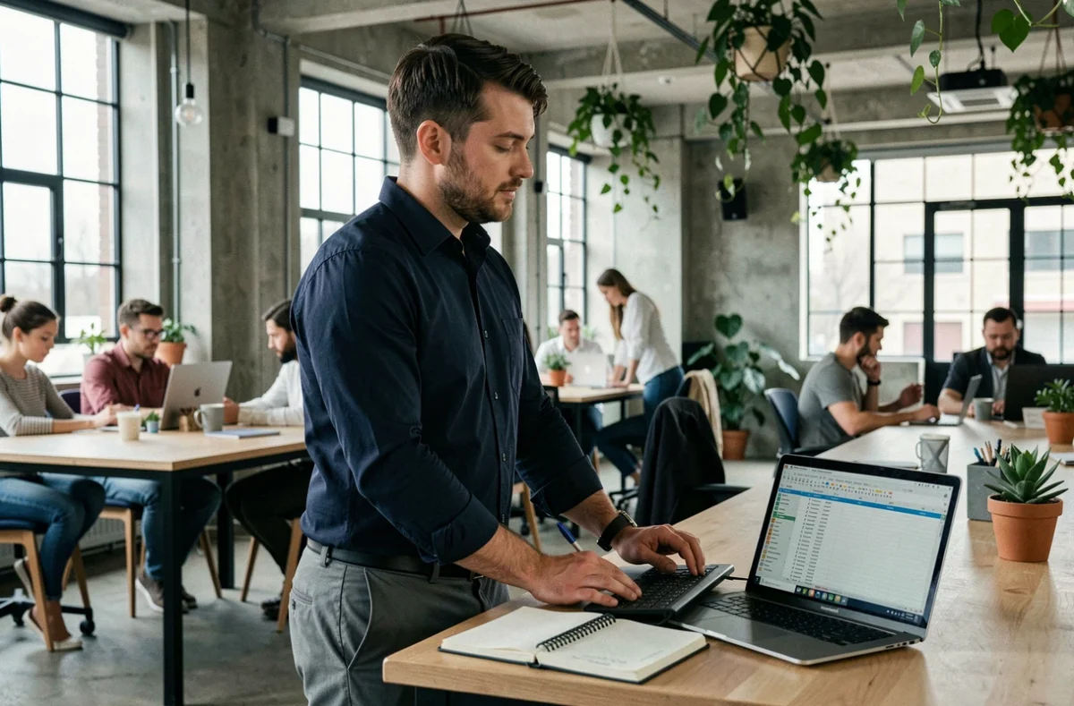 Homme en reconversion professionnelle travaillant dans un espace de coworking pour lancer sa micro-entreprise