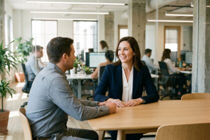 Recruteuse spécialisée en entretien avec un candidat commercial dans un bureau moderne