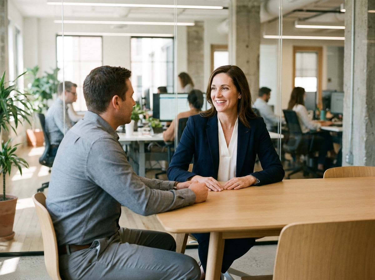 Recruteuse spécialisée en entretien avec un candidat commercial dans un bureau moderne
