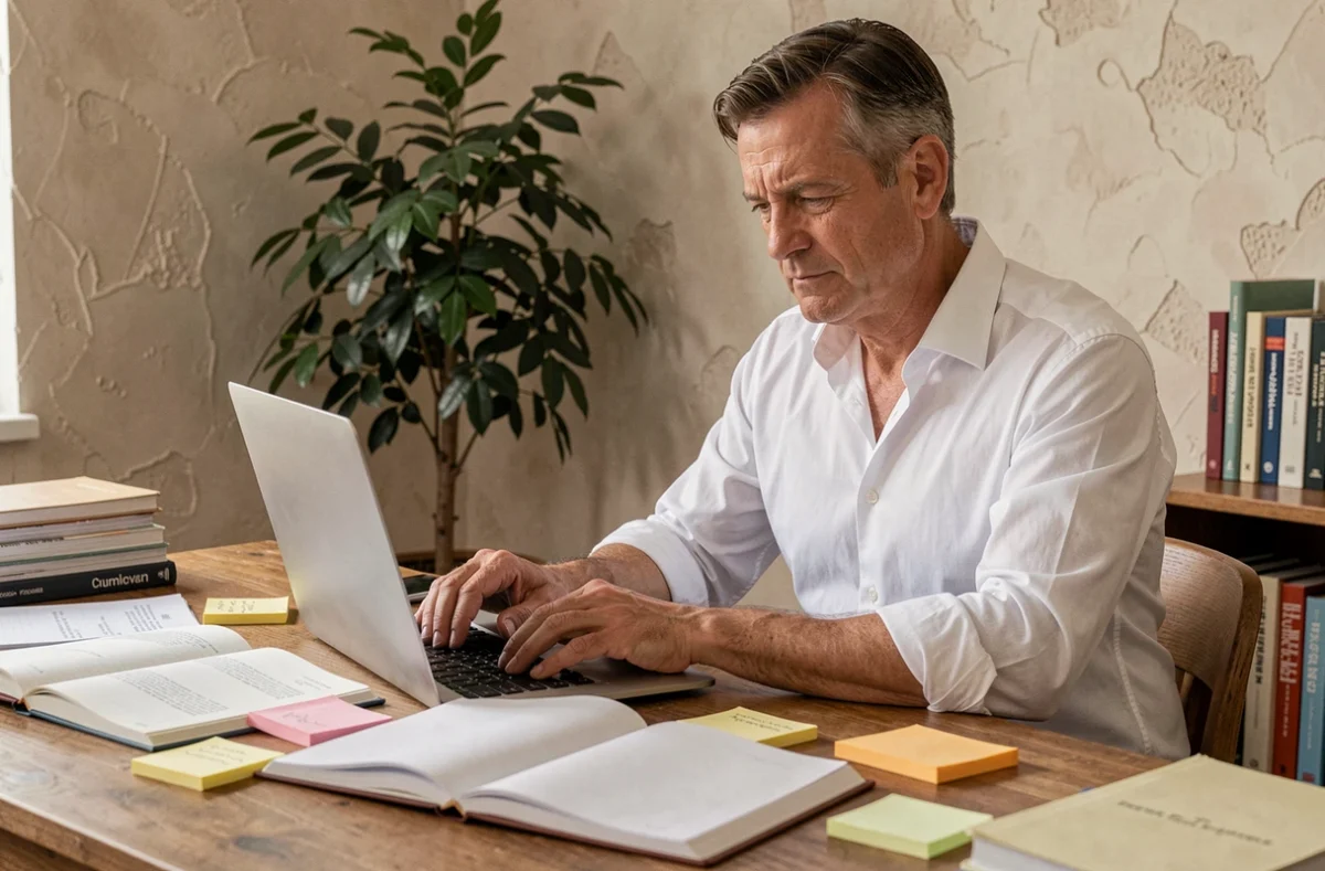 Homme concentré rédigeant un document professionnel sur un ordinateur portable dans un bureau à domicile, illustrant le travail de rédaction et la maîtrise du style administratif
