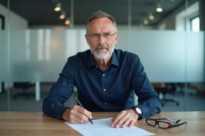 Employé rédigeant une lettre de rupture conventionnelle CDI à son bureau en entreprise
