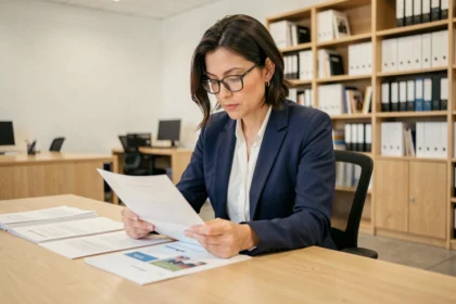 Femme professionnelle relisant des documents administratifs dans un bureau moderne, illustrant la rédaction formelle et le soin du langage écrit en entreprise