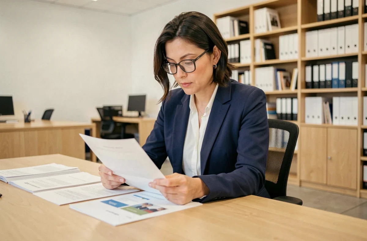 Femme professionnelle relisant des documents administratifs dans un bureau moderne, illustrant la rédaction formelle et le soin du langage écrit en entreprise