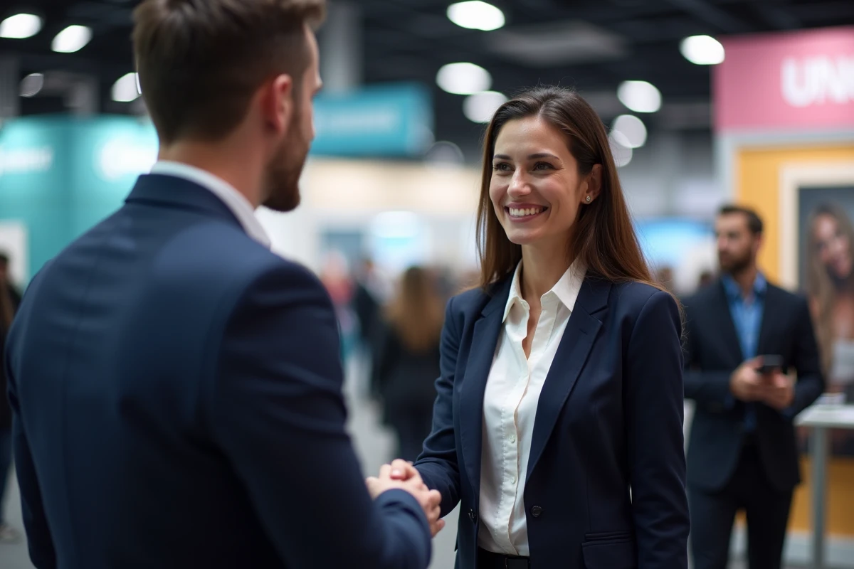 Femme candidate serrant la main d'un recruteur lors d'un événement emploi professionnel en intérieur